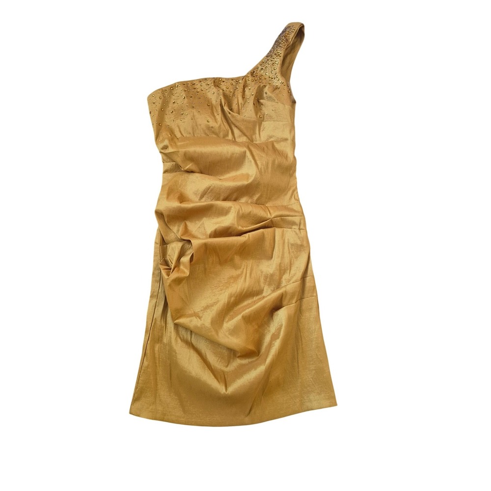 VTG Yves Womens Gold One Shoulder Rhinestone Ruched Cocktail Dress Size L